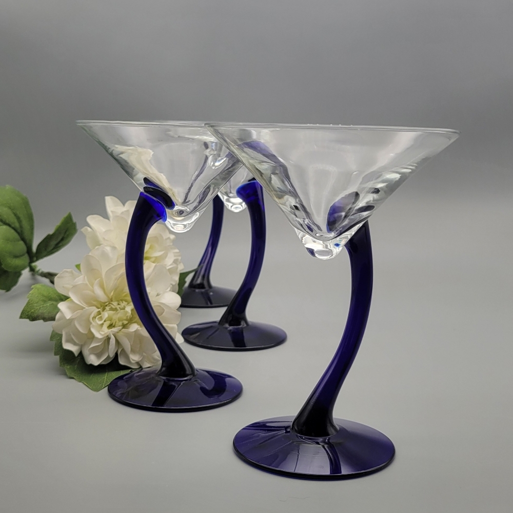 Curved Elegant Postmodern Avant Garde cobalt blue glass Martini Glasses set of 4
